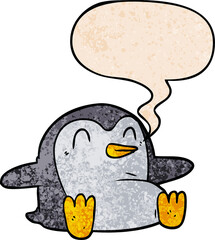 cartoon penguin with speech bubble in retro texture style