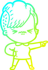 cold gradient line drawing of a cartoon annoyed hipster girl
