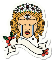 tattoo style sticker with banner of female face with mystic third eye crying
