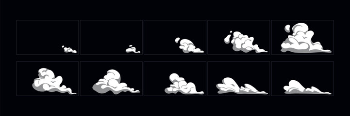 Smoke explosion animation effect. cartoon smoke animated sprite sheet frames. Flash motion boom Exploding effect storyboard vector illustration set.