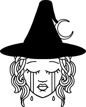 Black and White Tattoo linework Style crying human witch character