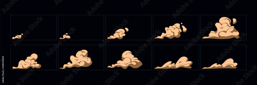Wall mural smoke explosion animation effect. 2d cartoon smoke animated sprite sheet frames. flash motion boom e