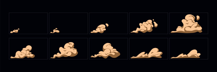 Smoke explosion animation effect. 2d cartoon smoke animated sprite sheet frames. Flash motion boom Exploding effect storyboard vector illustration set.