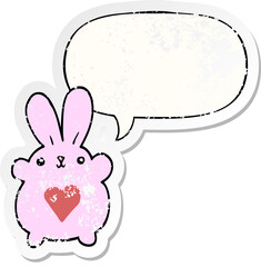 cute cartoon rabbit with love heart with speech bubble distressed distressed old sticker