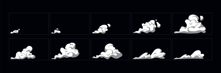 Smoke explosion animation. 2d cartoon smoke animated sprite sheet frames. Flash motion boom Exploding effect storyboard vector illustration set. © Aliza Art Studio