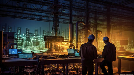 Picture of a rear view of two electrical engineers standing at a power station. to see power generation planning work at high voltage electrodes - generative AI illustration