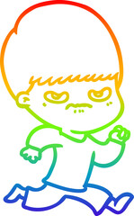 rainbow gradient line drawing of a annoyed cartoon boy