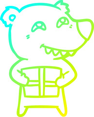 cold gradient line drawing of a cartoon bear with present
