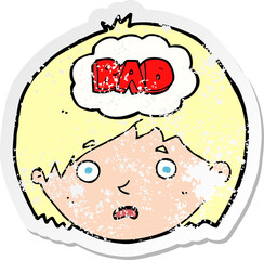 retro distressed sticker of a cartoon boy having bad thoughts