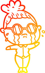 warm gradient line drawing of a cartoon crying woman wearing spectacles