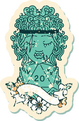 Retro Tattoo Style half orc barbarian character with natural twenty dice roll