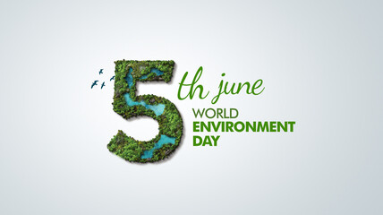 Beat plastic pollution - World Environment day 2023 concept 3d illustration design. Happy Environment day, 05 June. World map with Environment day text 3d background illustration.  - obrazy, fototapety, plakaty