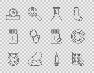 Set line Hospital signboard, Test tube and flask, Medicine pill or tablet, Otolaryngological head reflector, Stethoscope, Syringe and Medical symbol of the Emergency icon. Vector