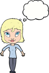 cartoon girl shrugging shoulders with thought bubble