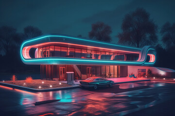 Generative AI illustration design of futuristic modern glass house in pink neon light design in blue neon light with car parked outdoors at night