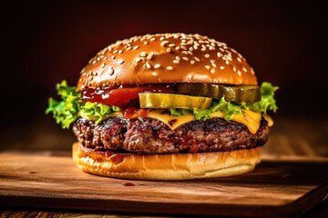 Hamburger food photography on a wooden plate generative ai