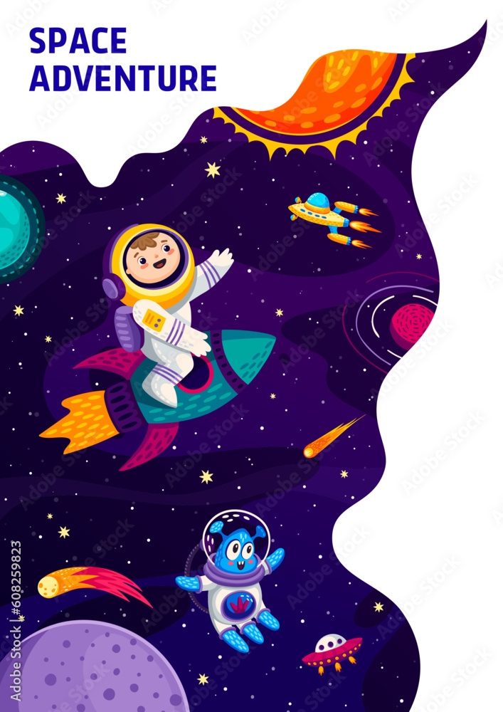 Aufkleber space landing page. kid astronaut on rocket and alien with ufo between space planets. space adventur