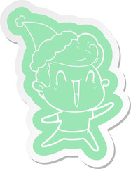 quirky cartoon  sticker of a excited man wearing santa hat