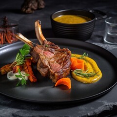 Modern French cuisine: Roasted Lamb neck & rack served with carrot, yellow curry pouring lamb sauce