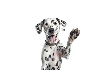 Pure youth crazy. Dalmatian young dog is posing. Cute playful white-braun doggy or pet is playing and looking happy isolated on white background. Concept of motion, action, generative ai