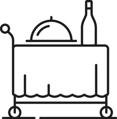Hotel room service trolley isolated thin line icon. Vector gourmet dinner with cloche and drink in bottle, restaurant food snack, lunch order in motel