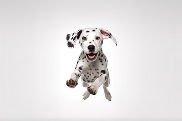  Dalmatian young dog is posing. Cute playful white-braun doggy or pet is playing and looking happy isolated on white background. Concept of motion, action, movement, generative ai