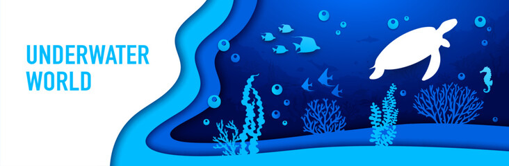Underwater paper cut landscape, sea turtle, seaweeds and fish shoal in vector papercut. Undersea world in paper cutout layers of ocean or sea waves with turtle, seahorse and dolphins silhouette