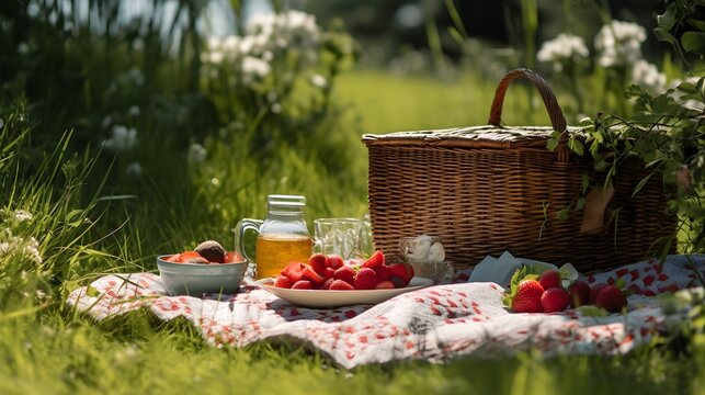 Serene Summer Picnic: Lush Green Meadow, Checkered Blanket, Fresh Fruits, and Sun Hat