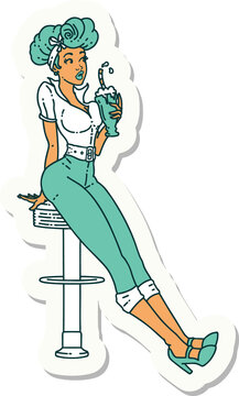 sticker of tattoo in traditional style of a pinup girl drinking a milkshake