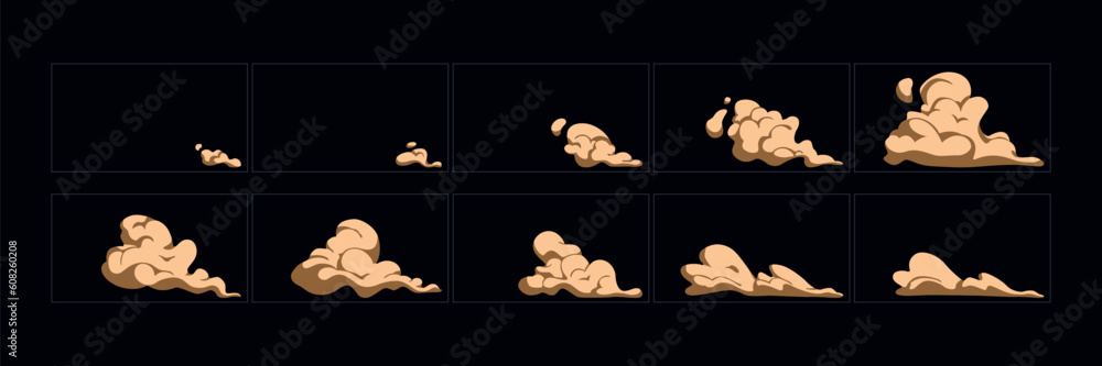 Wall mural smoke explosion animation. 2d cartoon smoke animated sprite sheet frames. flash motion boom explodin