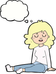cartoon happy woman sitting on floor with thought bubble