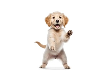 Pure youth crazy. golden retriever young dog is posing. Cute playful white-braun doggy or pet is playing and looking happy isolated on white background. Concept of motion, action generative ai