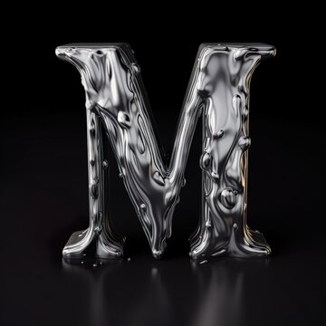 Melting 3D Silver Letter M on Black Background, alphabeth, generative art