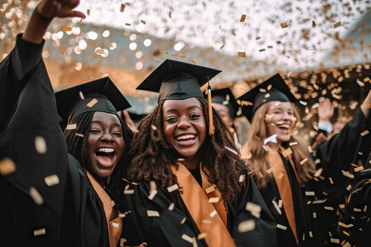 Generative AI illustration of cheerful multiracial friends in graduation gown and cap looking at camera while celebrating in convocation party with