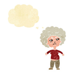 cartoon annoyed old woman with thought bubble