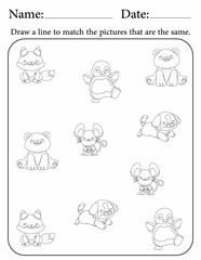 Fototapeta na wymiar Match the same objects - activity worksheets for kids for homeschooling - matching puzzle