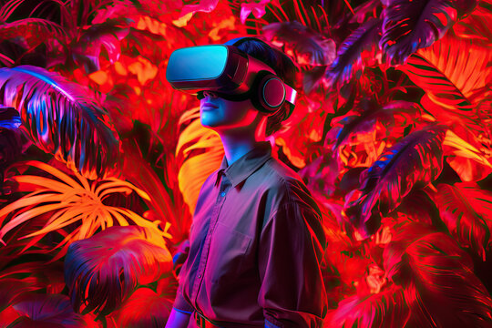 Generative AI illustration of side view of female gamer wearing VR goggles playing game standing on multicolored neon illumination of leaves and trees