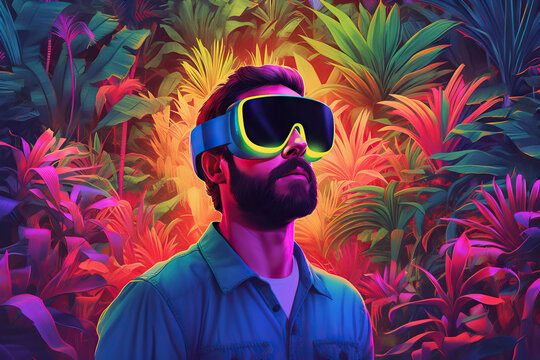 Generative AI illustration of bearded male in VR goggles in cyberspace exploring new techniques on multicolored neon illumination of leaves and trees