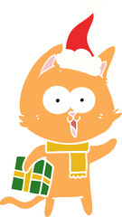 funny hand drawn flat color illustration of a cat wearing santa hat