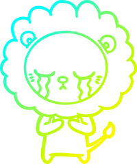cold gradient line drawing of a crying cartoon lion