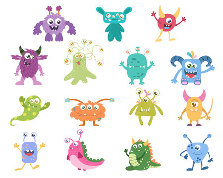 A set of cute cartoon monsters, an alien. Vector illustration on a white background