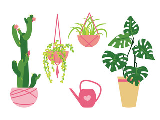 Collection of home plants in pots. Monstera, cactus, hanging branches of plants in hanging pots, watering can. Interior decor elements in a flat style. Vector illustration. Urban jungle modern style.