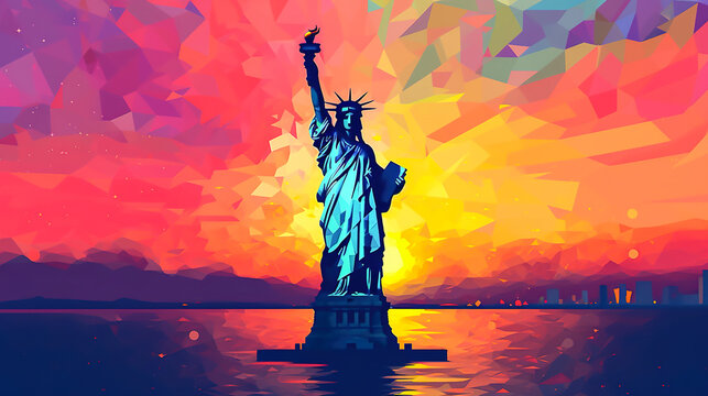 Statue of liberty in New York vector illustration landscape during sunset or sunrise. Abstract colorful minimal style digital graphic art painting. Digital illustration generative AI.