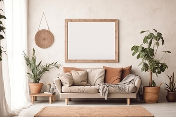 Boho style living room, empty wooden frame mockup. Generative AI.