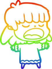 rainbow gradient line drawing of a cartoon woman talking loudly