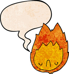 cartoon unhappy flame with speech bubble in retro texture style