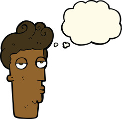 cartoon bored man's face with thought bubble