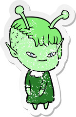 distressed sticker of a cute cartoon alien girl