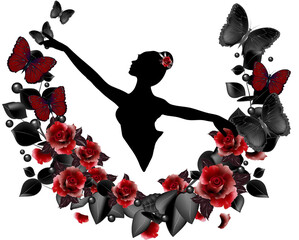 Ballerina Silhouette mit Eukalyptus & roten Rosen © namosh