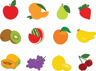 Vector illustration of a set of fruits in a white or transparent background. Apple, orange, pear, strawberry, kiwi, watermelon, peach, bananas, papaya, grapes, lemon and cherries